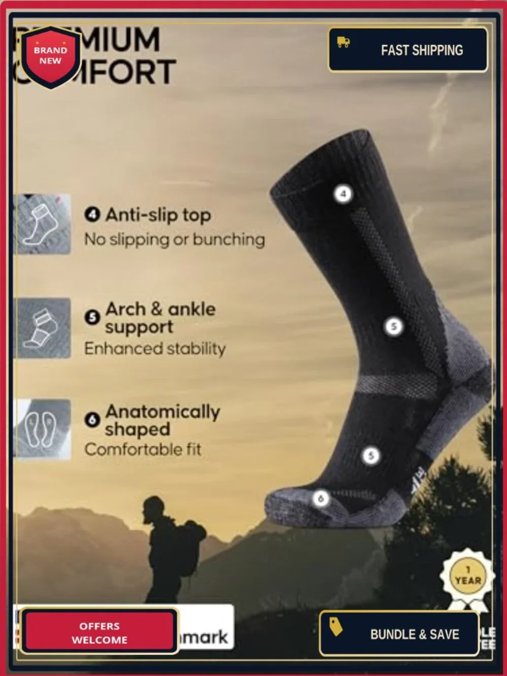 Merino Wool Hiking Socks Anti-Blister Cushioned Unisex 3-Pack